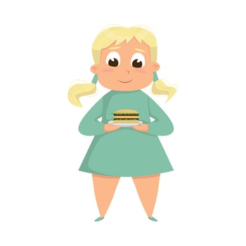 Overweight Chubby Girl Eating Burger, Cheerful Plump Unhealthy Kid Character with Fast Food Meal Cartoon Style Illustration vector