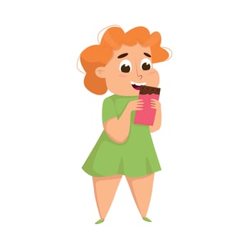 Overweight Chubby Girl Eating Chocolate Bar, Cheerful Fat Unhealthy Kid Character Cartoon Style Illustration vector