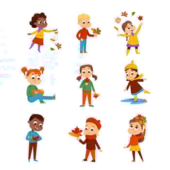 Cute Boys and Girls Walking and Playing in Park Wearing Warm Clothes Set, Autumn Season Outdoor Activities Cartoon Style Illustration vector