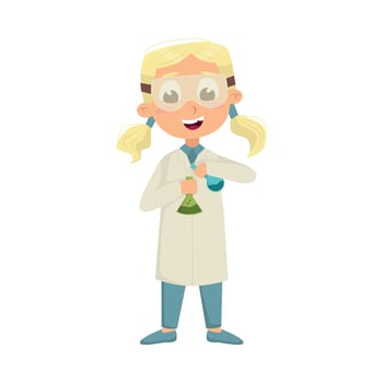 Cute Intelligent Girl in Lab Coat Doing Chemical Experiment, Education and Knowledge Concept Cartoon Style Illustration vector