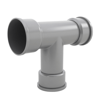 3D render of a gray T-shaped pipe fitting component with transparent background png