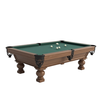 Classic wooden pool table with green felt and white billiard balls ready for a game on transparent background png