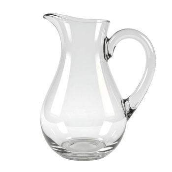 Clear empty glass pitcher with handle and spout against a transparent background png