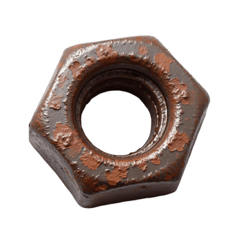 Close-up of a Single Heavily Rusted Hexagonal Metal Nut with Internal Threads on a Transparent Background File png