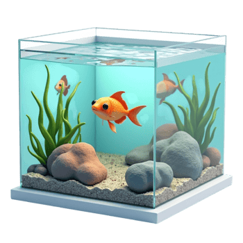Cute Goldfish Swimming in a Small Desktop Aquarium with Rocks and Plants Transparent png