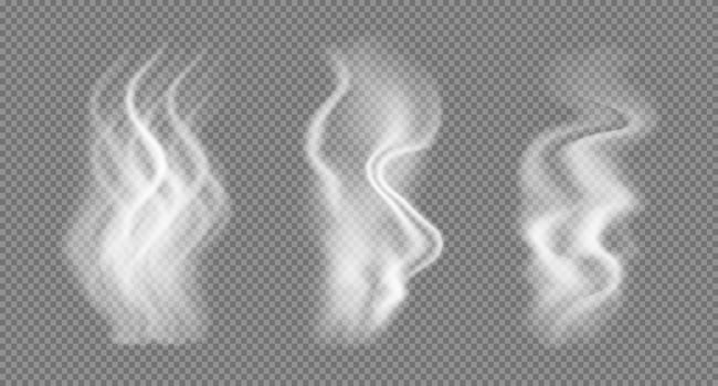 Realistic Smoke of tea, coffee cup set. Food steam or vapor clouds, white cigarette or hookah, hot dish or mug haze isolated design elements on black background vector
