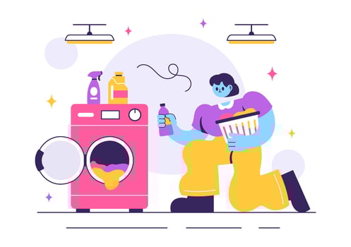 Laundry Day Illustration Featuring Dirty Clothes, Basket, and Home Laundry Equipment vector