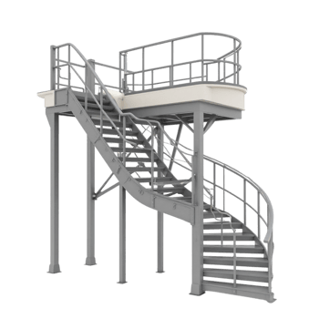 Detailed Grey Industrial Metal Staircase with Curved Steps and Elevated Safety Platform png
