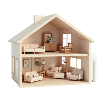 Detailed miniature dollhouse interior showcasing furniture and multiple rooms for kids play png