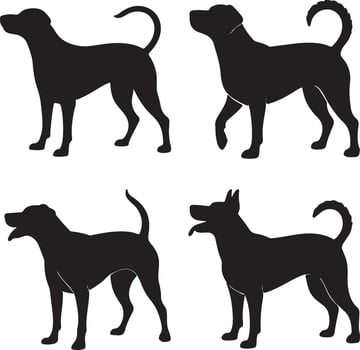 Four Black Dog Silhouettes Standing Profile Views Canine Breed Set Graphic Design Element vector