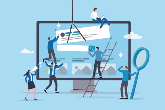Teamwork develop website, building software or application project, team planning or website optimization, digital collaboration concept, business people team help build website on computer monitor. vector