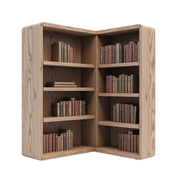 Isolated 3D Render of a Wooden Corner Bookshelf Filled with Various Books on a Transparent Background png