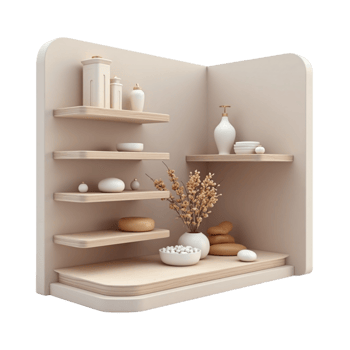 Minimalist Spa Bathroom Corner Shelf Display with Wellness Objects Transparent Background Rendering png