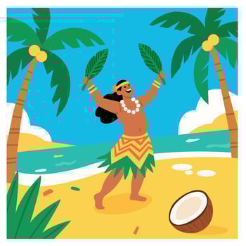Colorful Tropical Islander Dancer on Beach with Coconut and Palm Trees Hawaiian Luau Style vector