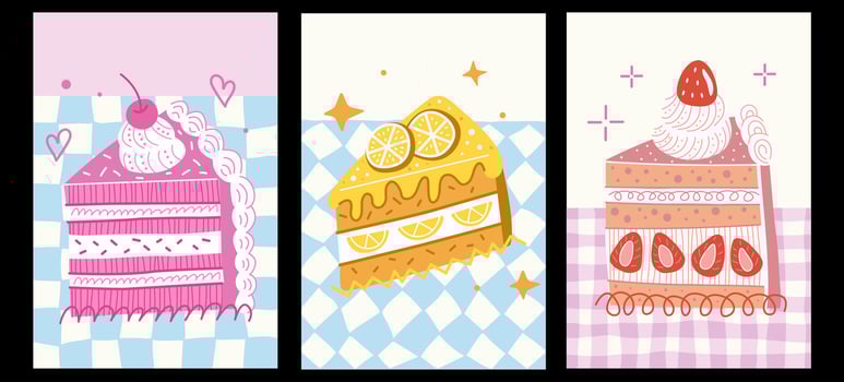 Set of hand drawn vintage birthday posters with strawberry cakes on checkered background. Whimsical dessert drawings. Abstract cake slice with cream and cherry vector