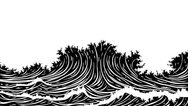 Big ocean wave linocut style with transparent background png