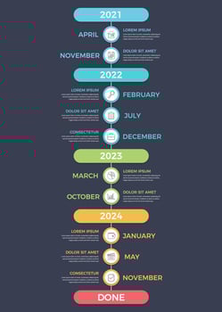 Vertical timeline infographics template with place for years and months, dark background vector