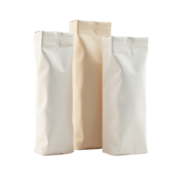 Three stand-up pouches for packaging food products isolated on a transparent background file png
