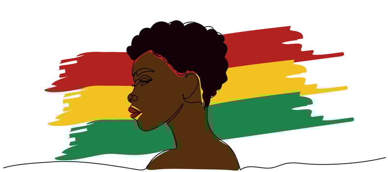 Young black woman against a background of red, yellow and green stripes. Continuous line drawing of an African girl. Celebrating Juneteenth Freedom Day vector