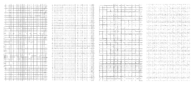 Grunge grid texture set black white worn geometric lines retro abstract pattern pack on transparent background for digital design overlays distressed elements vector