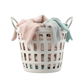 White Plastic Laundry Basket Overflowing with Soft Fabric on Transparent Background Cut Out png