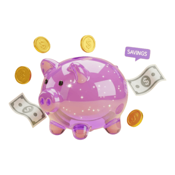 Stylized purple piggy bank with gold coins and dollar bills for financial savings png