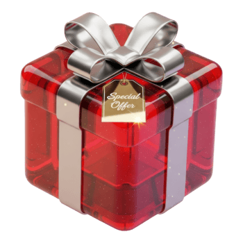 Glossy translucent red gift box with silver ribbon and special offer tag png