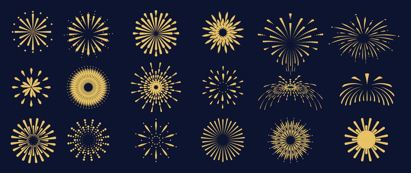 Set of new year firework illustration. Collection of glow gold fireworks on dark background. Art design suitable for decoration, print, poster, banner, wallpaper, card, cover. vector