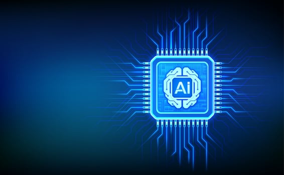 Artificial Intelligence chip with AI digital brain circuit board icon. Artificial intelligence integrated into a microprocessor. AI processor technology concept. CPU microchip. illustration. vector