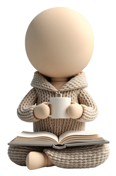 Cozy figure enjoys warm drink and book, feeling relaxed and content png