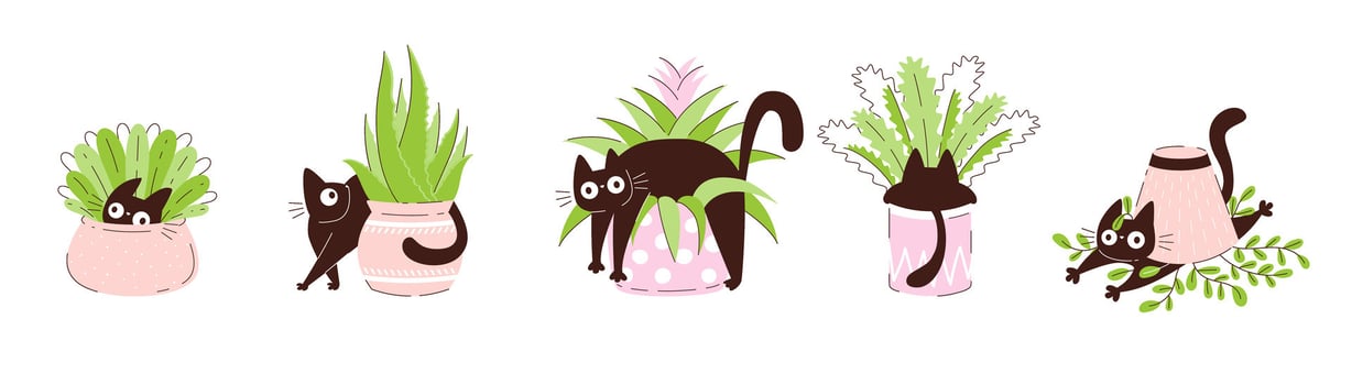 Funny black cats hiding and playing in flower pots with houseplants and cactus. Cute playful pets in pots. Humorous flat illustration for cards kids decor stickers posters and prints vector