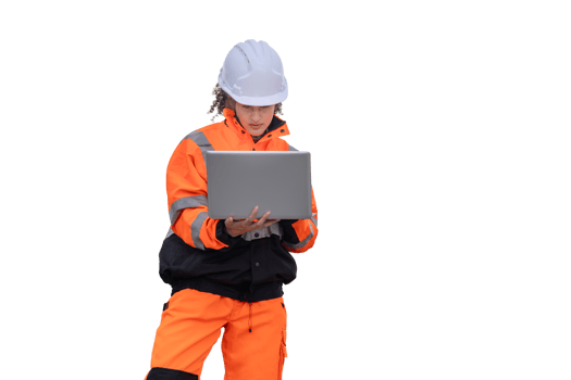 Female Engineer in Safety Gear Working on Laptop, Construction Worker Reviewing Plans on Portable Computer, Focused Woman in Hi-Vis Jacket Using a Laptop png