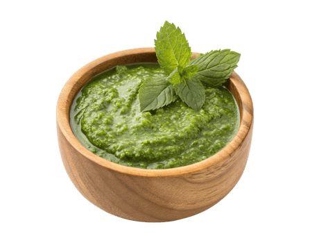 Fresh mint chutney with mint leaf in a wooden bowl isolated on a transparent background side view png