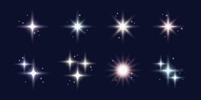 Glowing star and blinks shapes, shiny abstract symbols with sequins and beams. design magic aesthetics elements set. vector