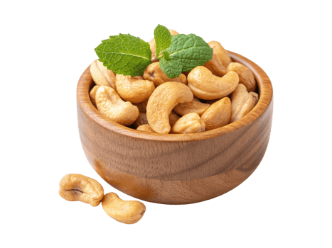 Roasted cashew nuts with mint leaf in a wooden bowl isolated on a transparent background png