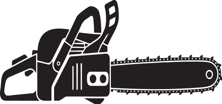 A black and white silhouette illustration of a chainsaw power tool for cutting wood vector