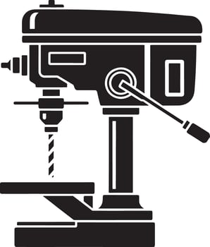 Black and white illustration of a bench drill press machine for woodworking and metalworking vector