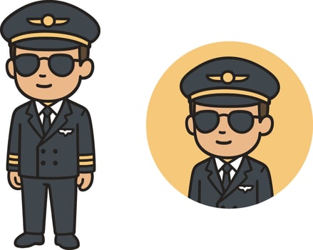 Flat icon of a male airplane pilot wearing uniform, cap, and sunglasses. Minimal cartoon style with transparent background vector