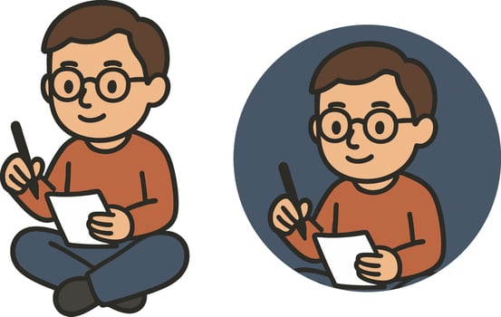 Flat icon of a writer sitting with a notebook and pen, wearing glasses. Simple cartoon flat style on transparent background vector