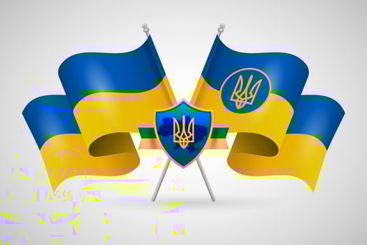 Ukrainian flag and coat of arms shiel, illustration with trident emblem vector