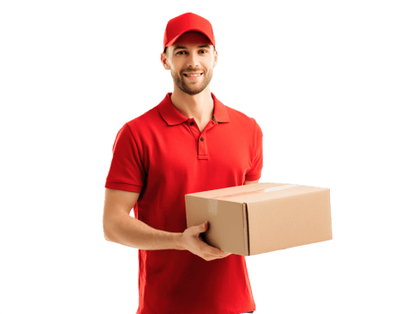 Friendly Delivery Man Holding a Parcel in Red Uniform Isolated on Transparent Background png
