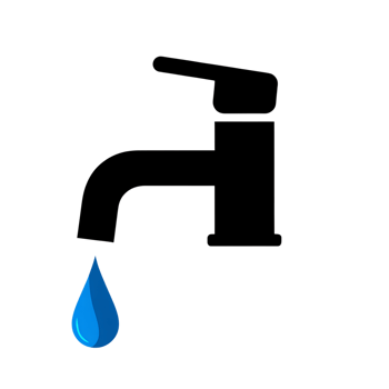 Graphic element, icon of a black silhouette of a faucet with a blue drop of water on a transparent background. png