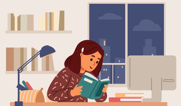 School girl studying at home sitting at desk in her room reading flat illustration. Primary school kid studying online or homeschooling. vector