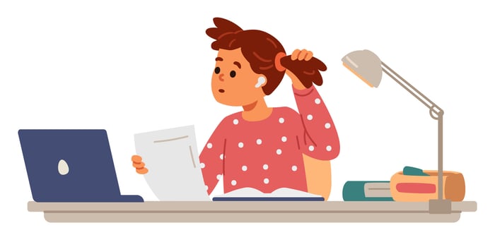 School girl in earphones studying at home making homework sitting at desk and looking to laptop flat illustration isolated on white. Primary school kid studying online or homeschooling. vector