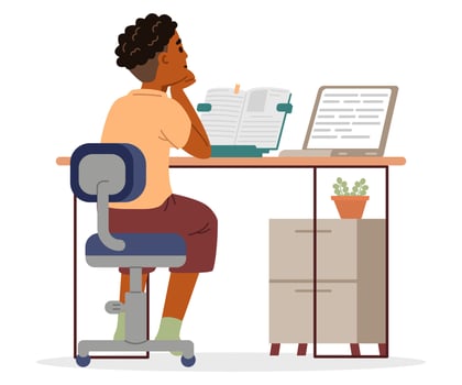 African American school boy studying at home making homework sitting at desk with textbook and laptop flat illustration isolated on white. Primary school kid studying online or homeschooling. vector
