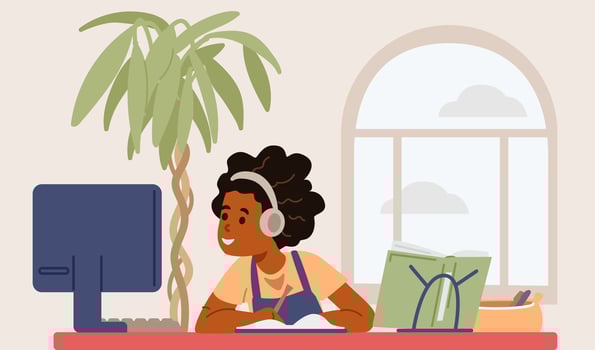 African American school girl in earphones studying at home sitting at desk and looking to computer screen flat illustration. Primary school kid studying online or homeschooling. vector