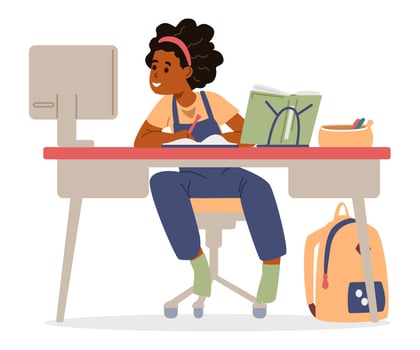 African American school girl studying at home making homework sitting at desk and looking to computer screen flat illustration isolated on white. Primary school kid studying online or homeschooling. vector