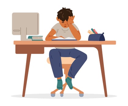 Asian school boy studying at home making homework sitting at desk reading textbook flat illustration isolated on white. Primary school kid tired of studying. vector