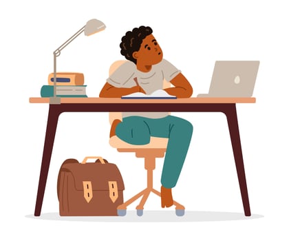 African American school boy studying at home making homework sitting at desk flat illustration isolated on white. Primary school kid studying online or homeschooling. vector