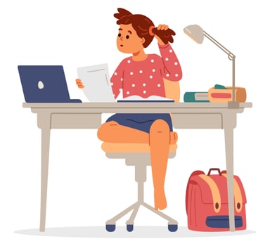 School girl studying at home making homework sitting at desk and looking to laptop flat illustration isolated on white. Primary school kid studying online or homeschooling. vector